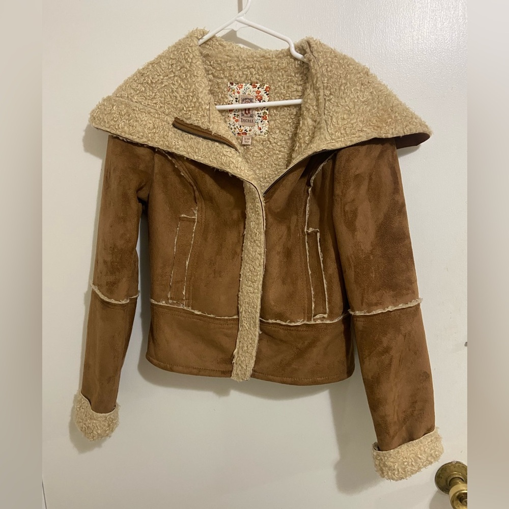 Decree Brown Faux Suede Shearling Bomber Jacket with Cream Trim